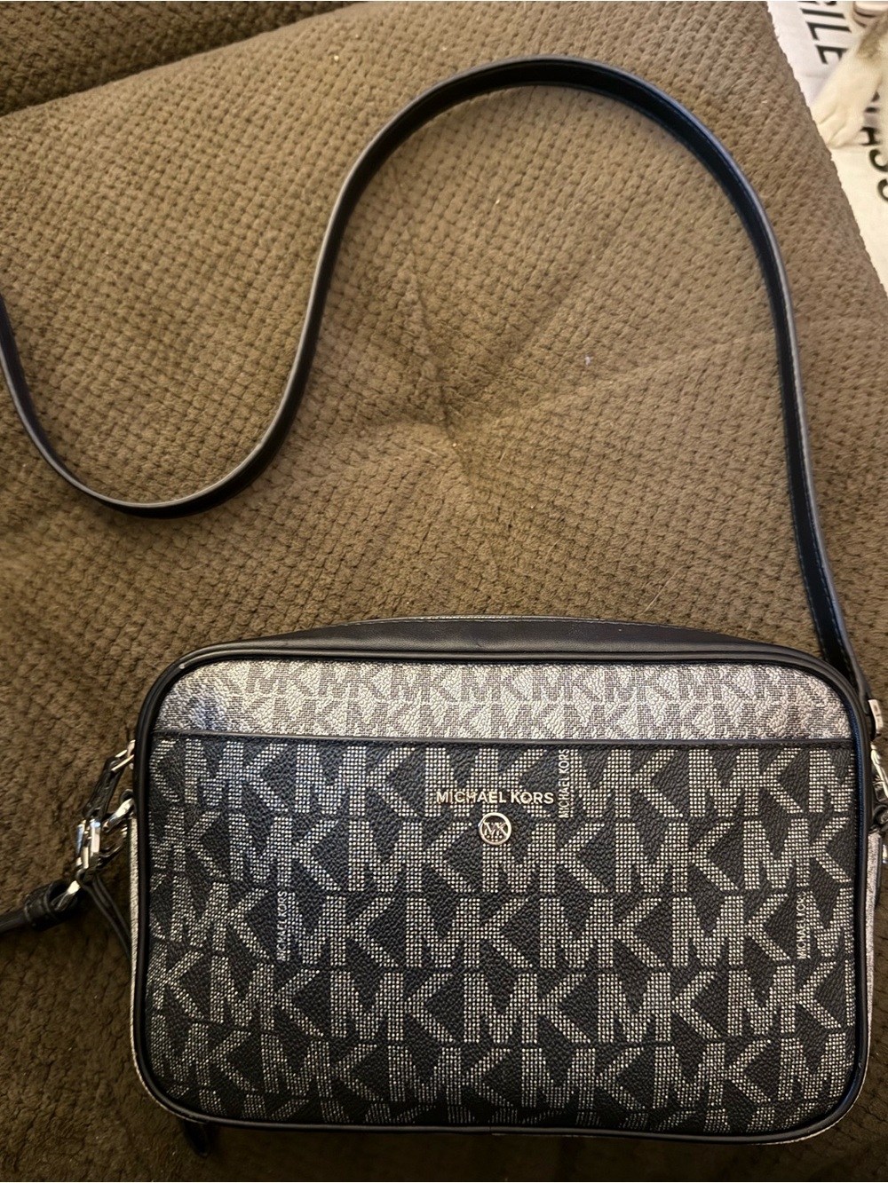 Michael Kors Black and Gray MK Monogram Crossbody Bag